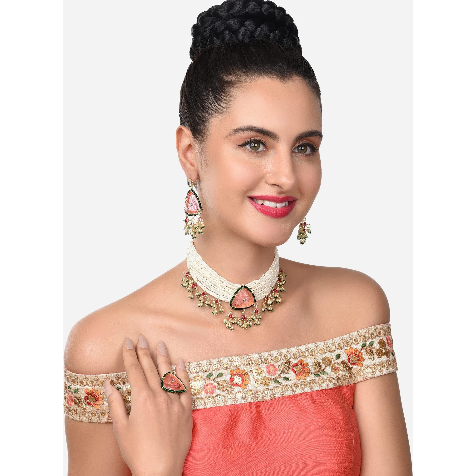 ZAVERI PEARLS Pink Stones & Green Beads Multistrand Pearls Choker Necklace Earring & Ring Set For Women-ZPFK14834