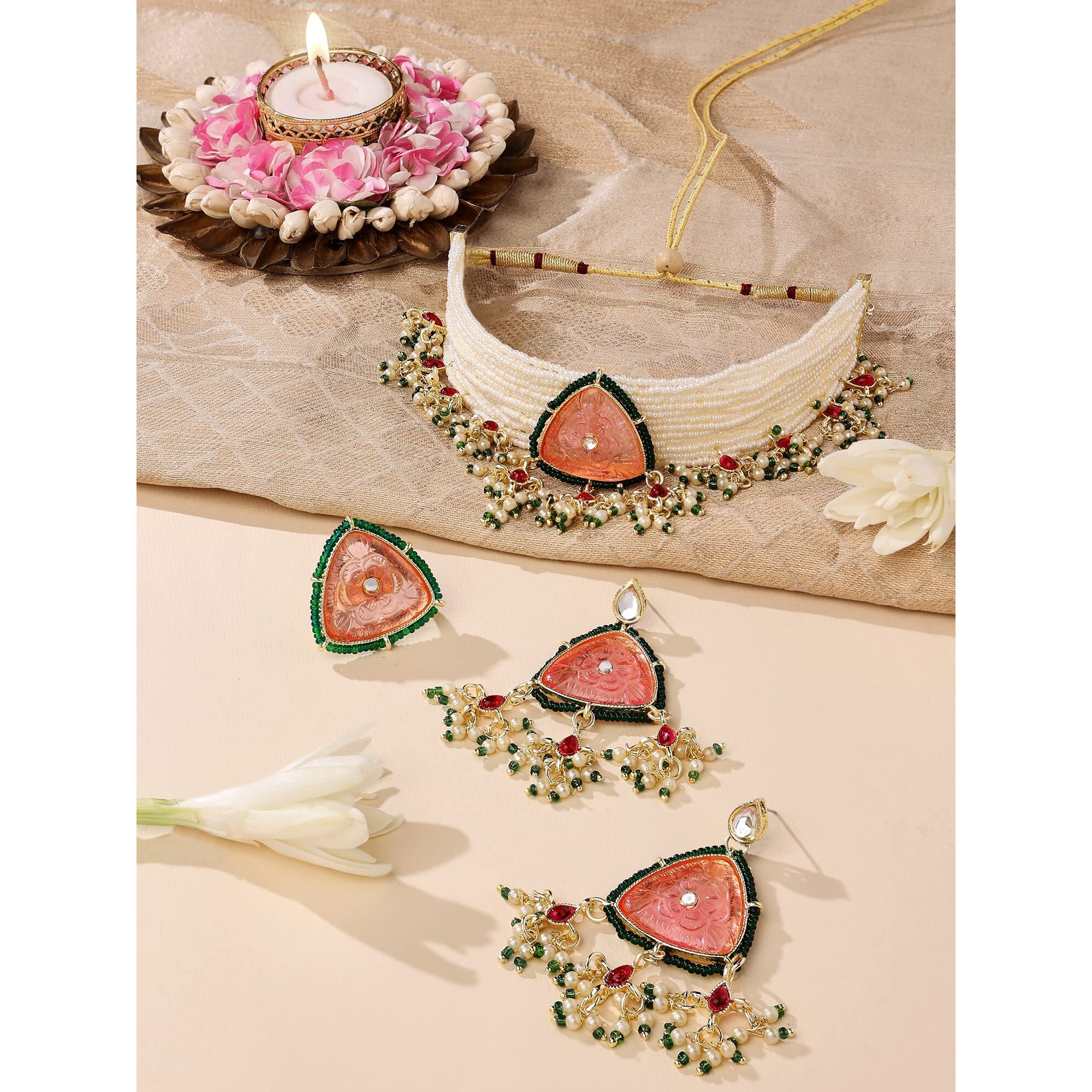 ZAVERI PEARLS Pink Stones & Green Beads Multistrand Pearls Choker Necklace Earring & Ring Set For Women-ZPFK14834