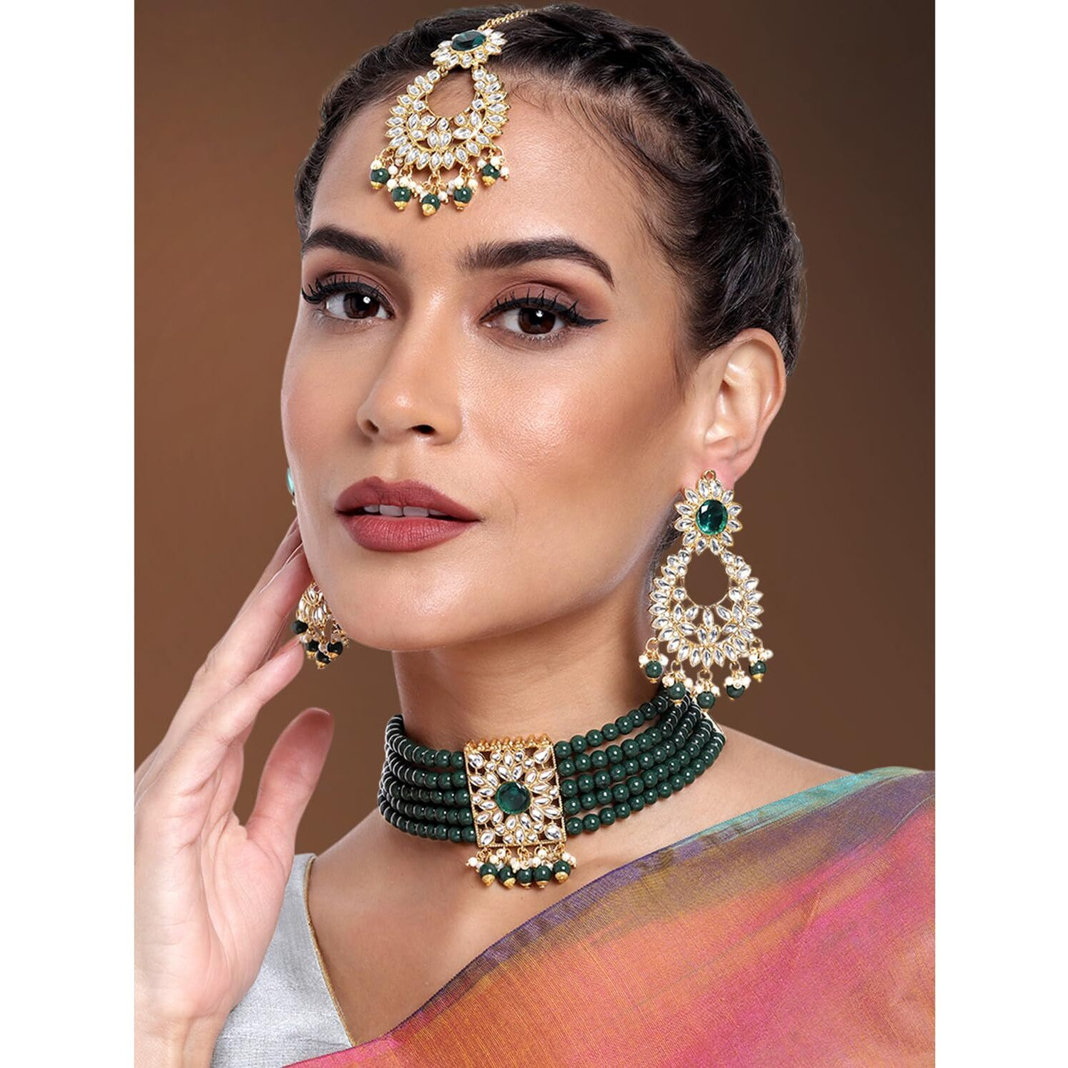 Peora Gold Plated Jodha Akbar Kundan Faux Pearl Choker Necklace with Earring Maang Tikka Traditional Bridal Jewellery Set for Women Girls