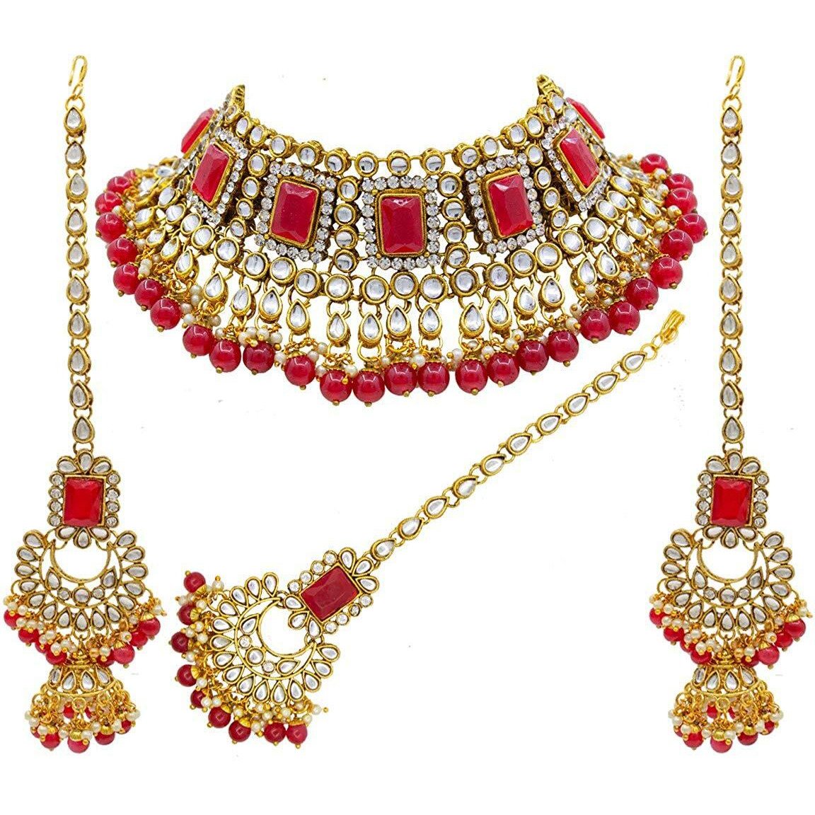 Peora Rani Padmavati Dulhan Bridal Kundan Pearl Adjustable Choker Necklace with Earrings Maang Tikka for Women Girls Indian Traditional Jewellery Set