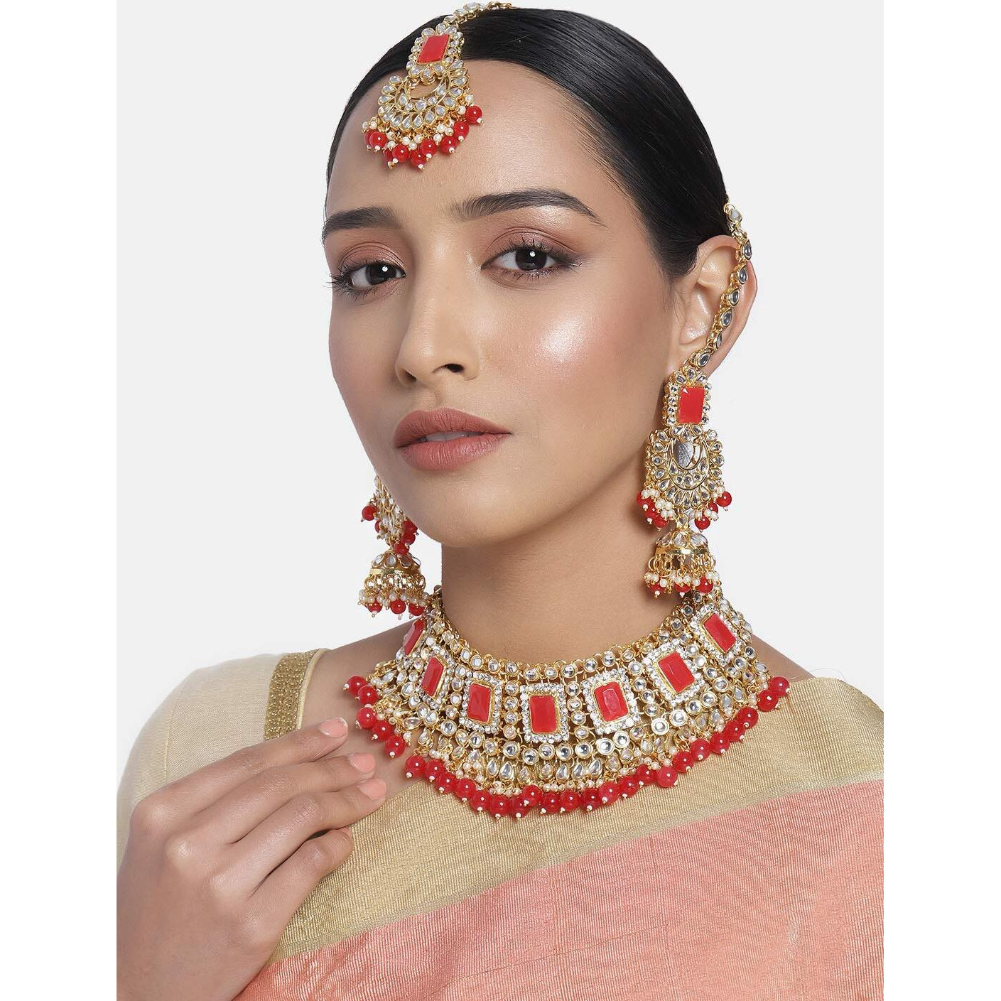 Peora Rani Padmavati Dulhan Bridal Kundan Pearl Adjustable Choker Necklace with Earrings Maang Tikka for Women Girls Indian Traditional Jewellery Set