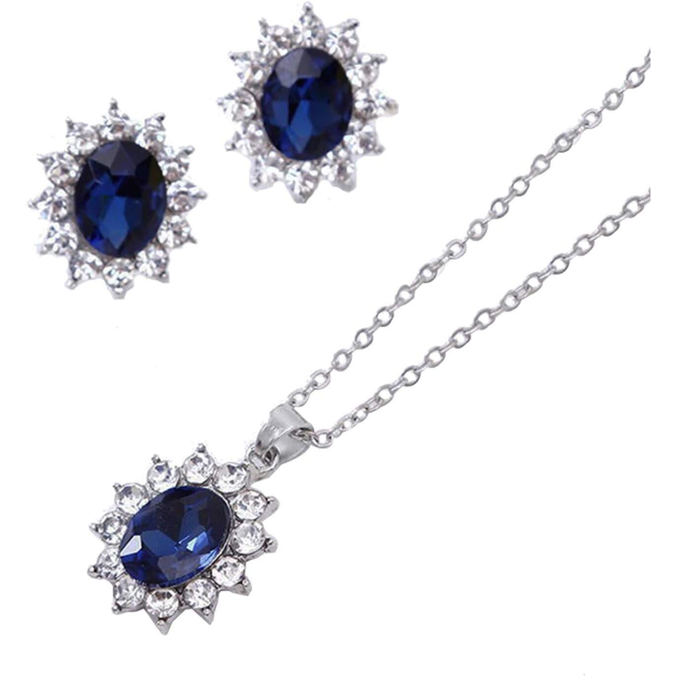 Young & Forever Gift Mysterious All That Jazz Blue Crystal pendent Set for Women Princess Length Delicate Silver Chain Cubic Zircon Stud Earring Necklace Set for Girls Fashion Jewelry