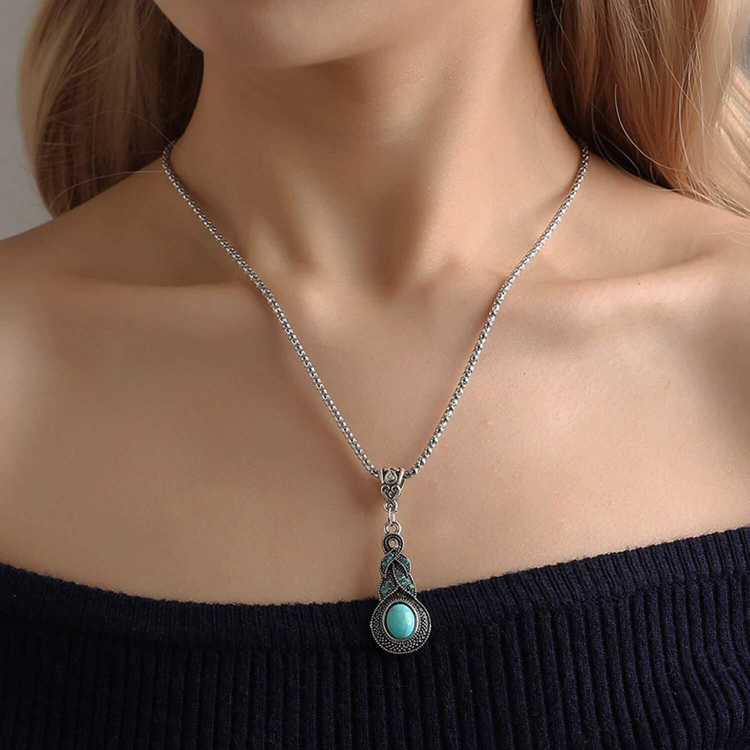Young & Forever Gift Boho Gypsy Turquoise Stone Peacock Feather Pendant Set for Women oxidised Silver Princess Length Delicate Chain Cubic Zirconia Dangler Earring Necklace Set for Girls