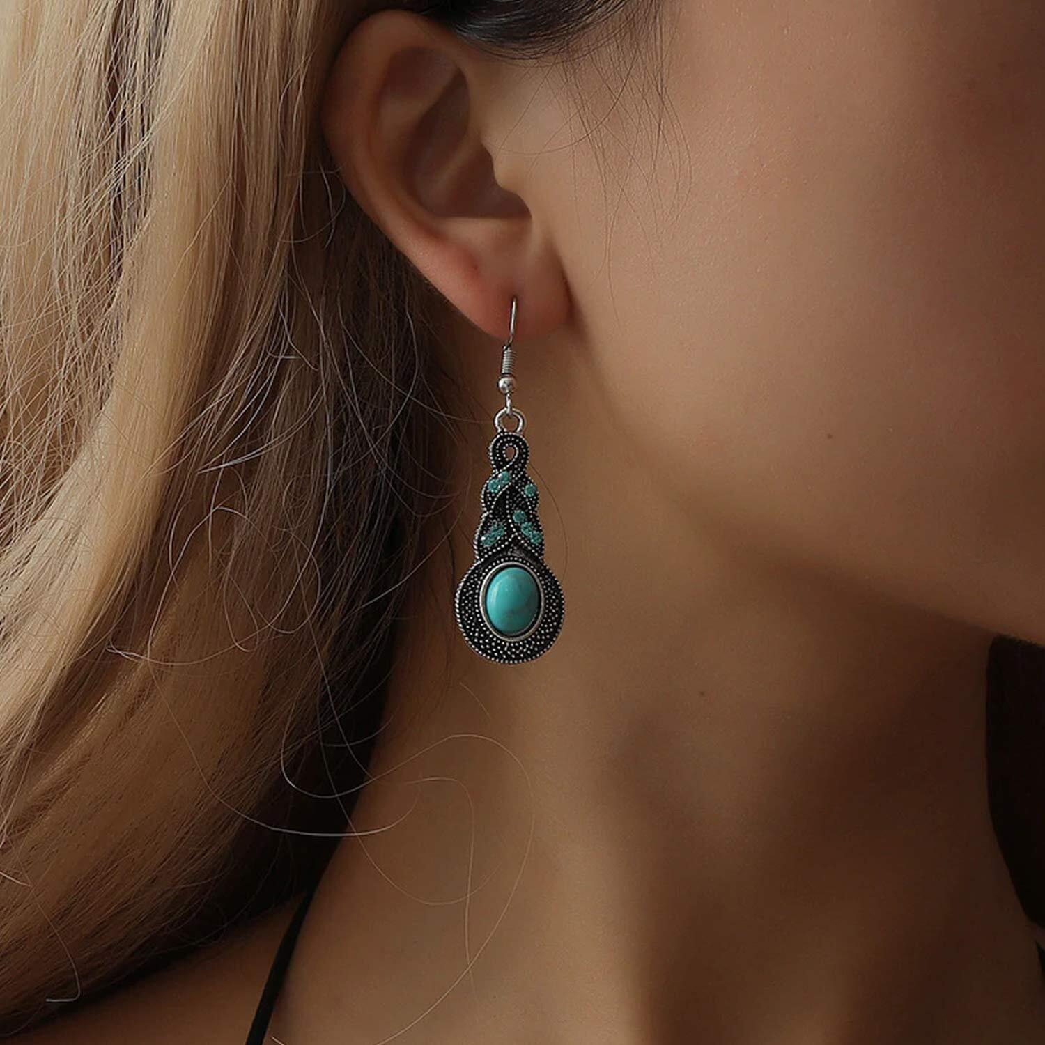 Young & Forever Gift Boho Gypsy Turquoise Stone Peacock Feather Pendant Set for Women oxidised Silver Princess Length Delicate Chain Cubic Zirconia Dangler Earring Necklace Set for Girls