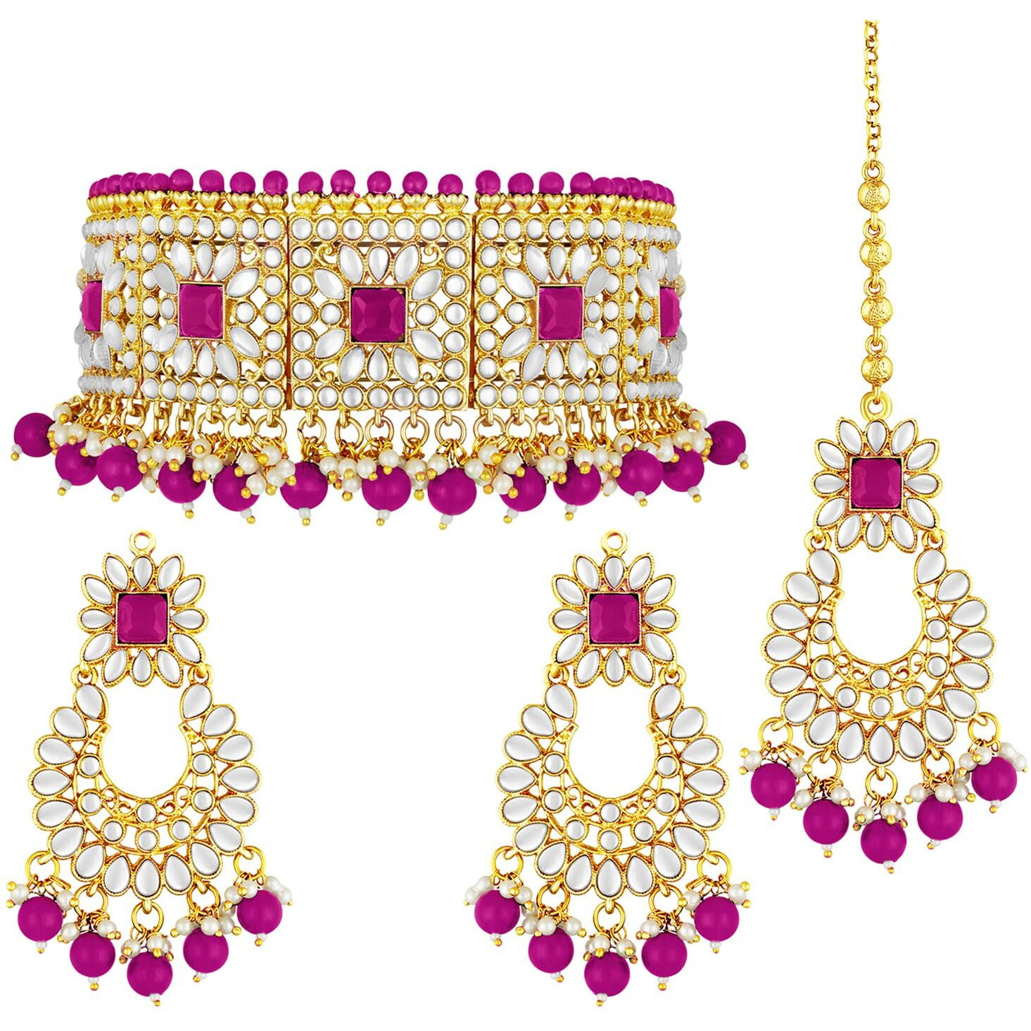 Peora Rani Padmavati Dulhan Bridal Kundan Faux Pearl Choker Necklace with Earrings Maang Tikka for Women Girls Indian Traditional Jewellery set Rani Pink