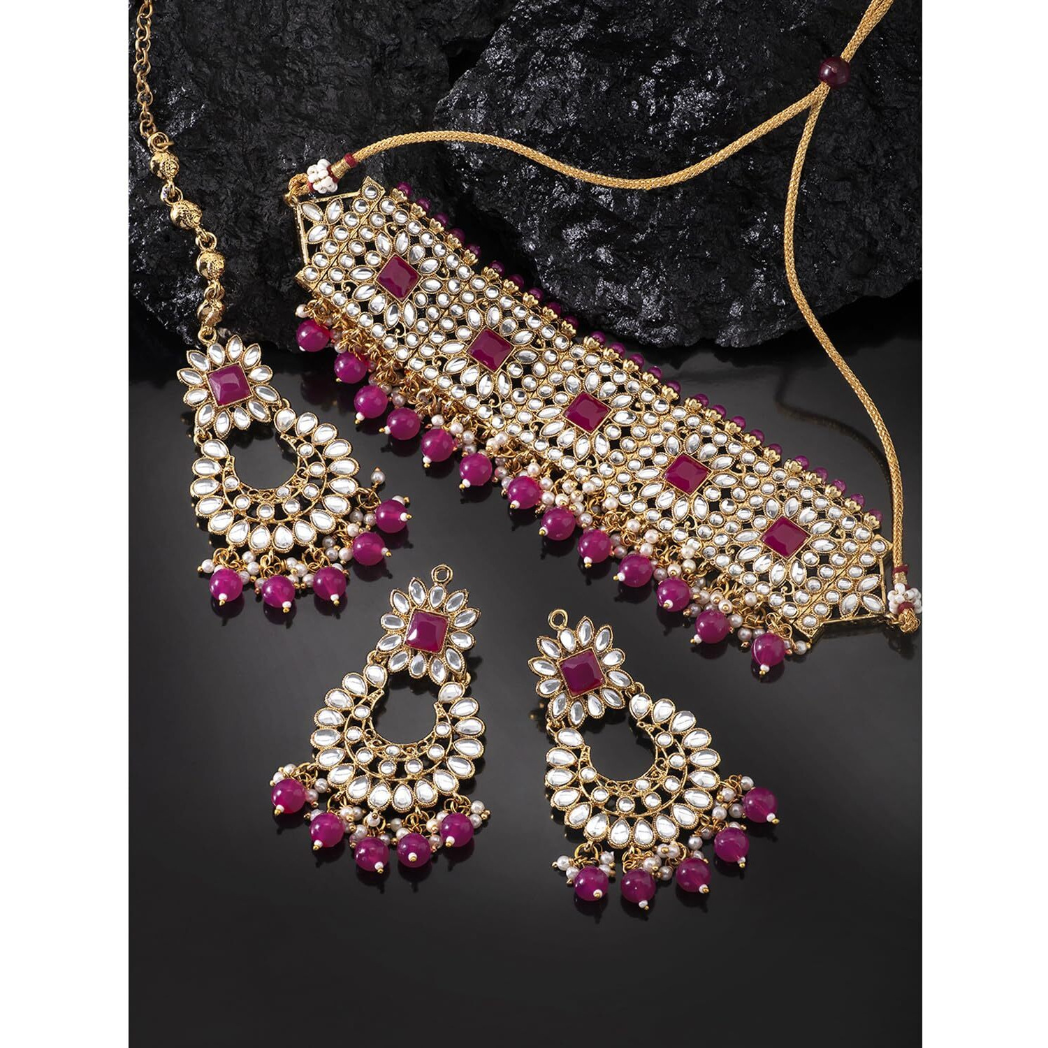 Peora Rani Padmavati Dulhan Bridal Kundan Faux Pearl Choker Necklace with Earrings Maang Tikka for Women Girls Indian Traditional Jewellery set Rani Pink