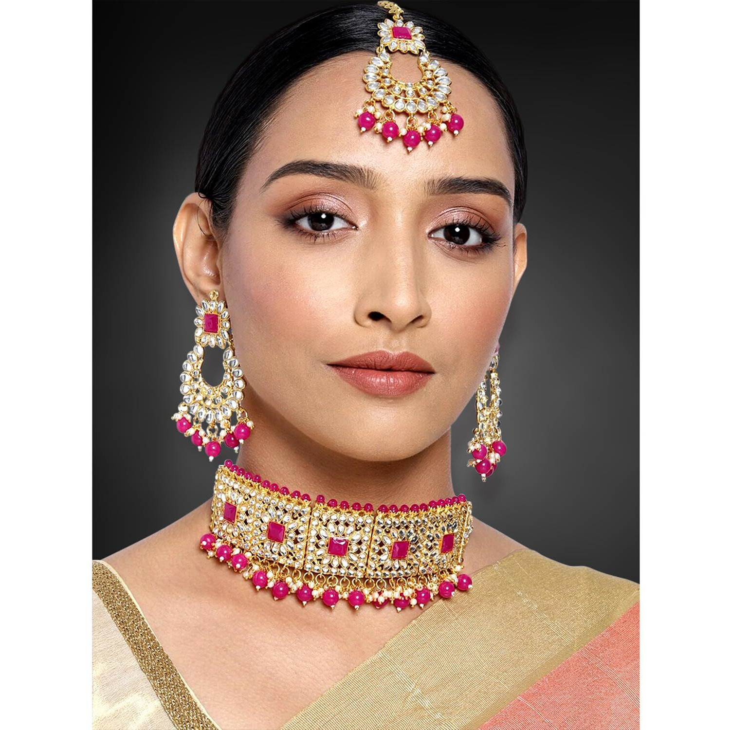 Peora Rani Padmavati Dulhan Bridal Kundan Faux Pearl Choker Necklace with Earrings Maang Tikka for Women Girls Indian Traditional Jewellery set Rani Pink