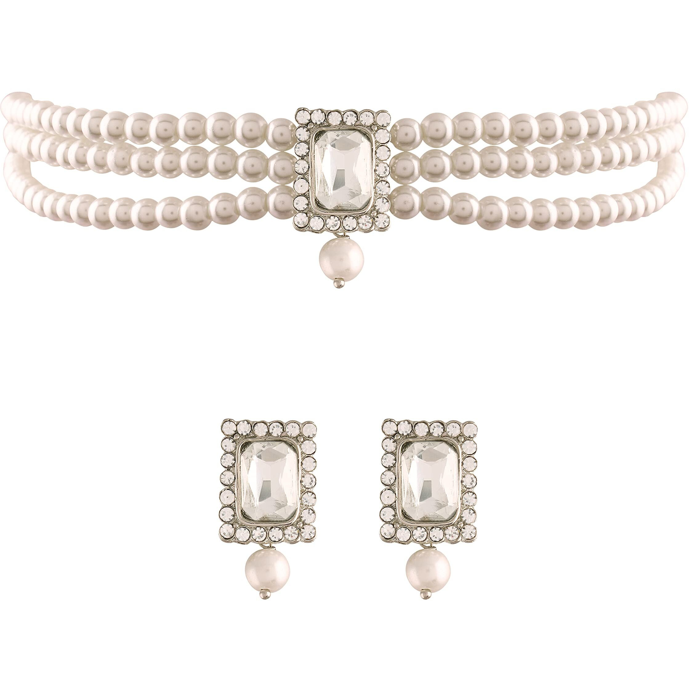 I Jewels Silver Plated Traditional Stone Pearl Choker Necklace Jewellery Set For Women/Girls (ML237ZW)