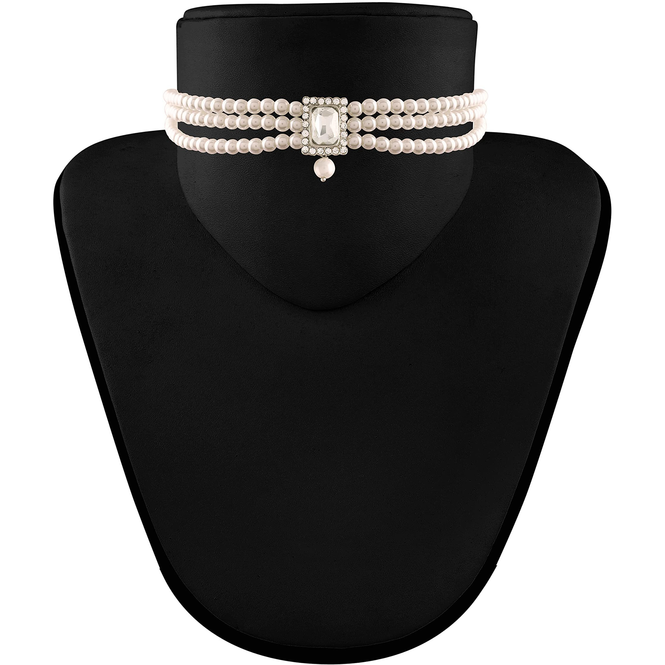 I Jewels Silver Plated Traditional Stone Pearl Choker Necklace Jewellery Set For Women/Girls (ML237ZW)