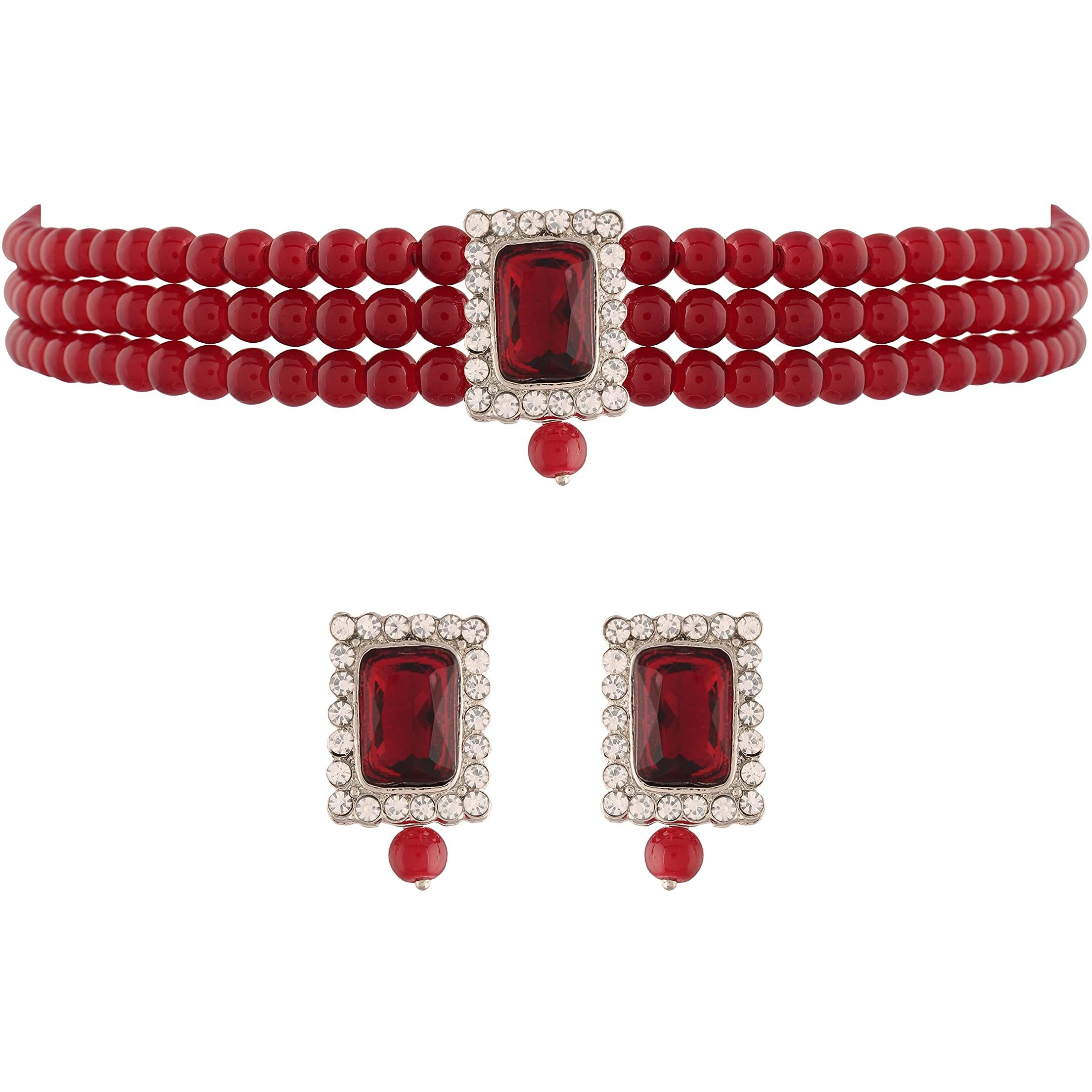 I Jewels Silver Plated Traditional Stone Pearl Choker Necklace Jewellery Set For Women/Girls (ML237ZM)
