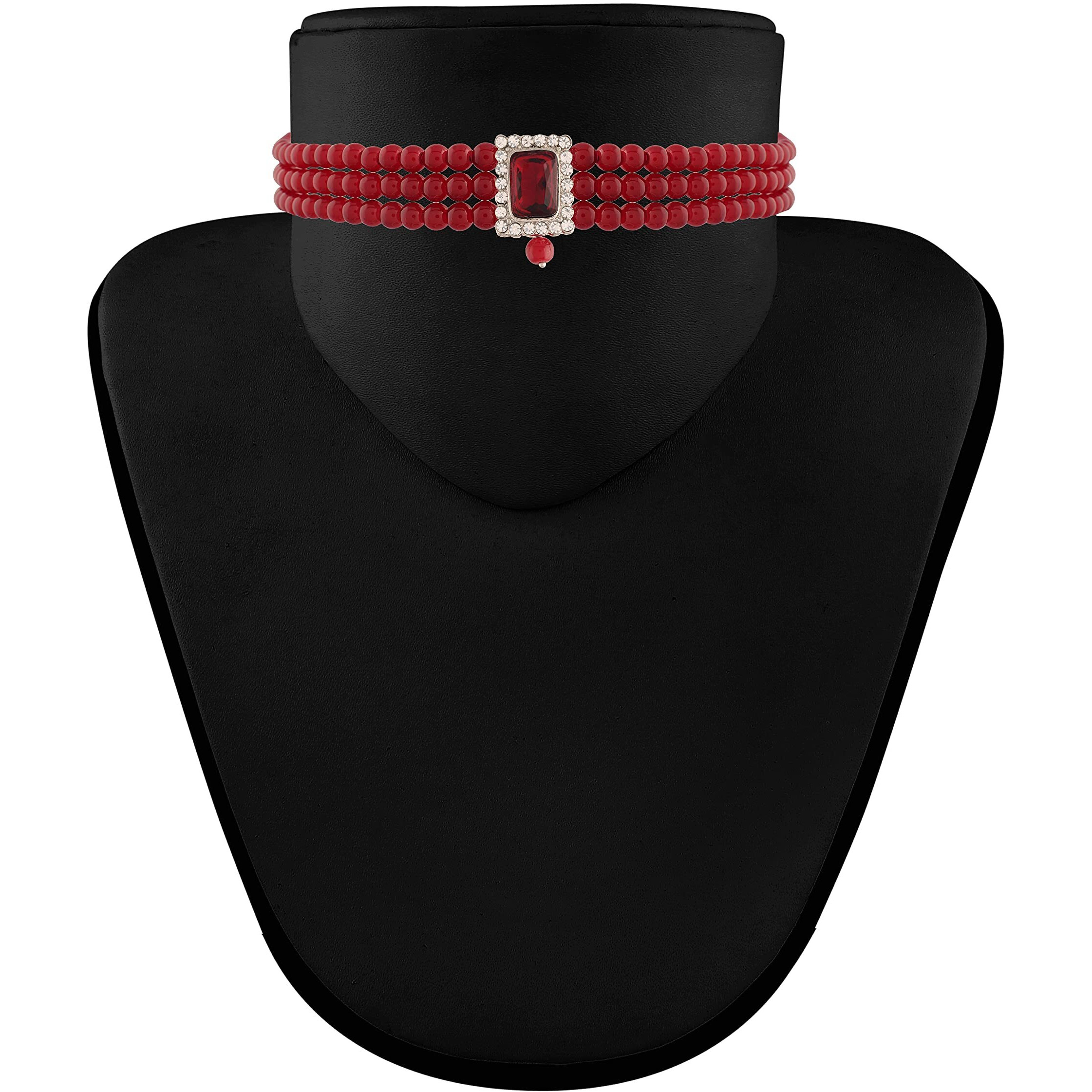 I Jewels Silver Plated Traditional Stone Pearl Choker Necklace Jewellery Set For Women/Girls (ML237ZM)