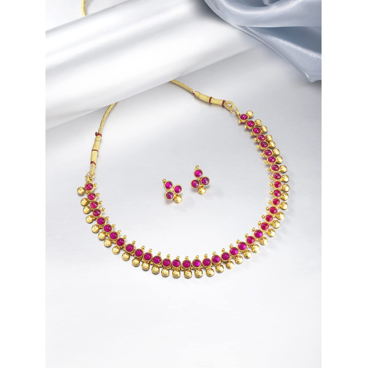 Peora Gold Plated Green Choker Necklace with Stud Earrings for Women Girls Traditional Temple Ethnic Jewellery Set