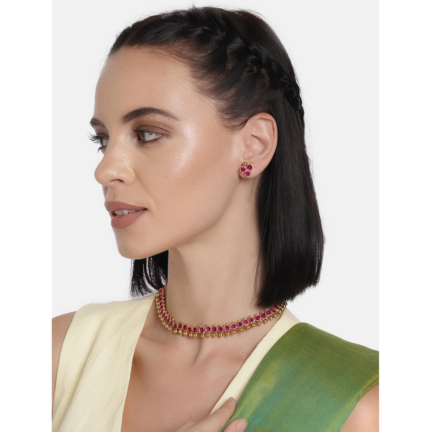 Peora Gold Plated Green Choker Necklace with Stud Earrings for Women Girls Traditional Temple Ethnic Jewellery Set