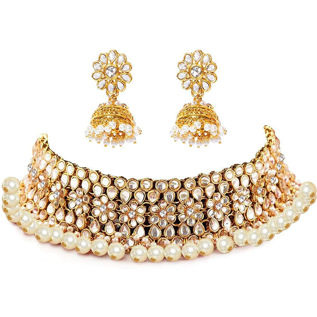 YouBella Jewellery Sets for Women Gold Plated Kundan Wedding Bridal Necklace Jewellery set with Earrings For Girls/Women (White)