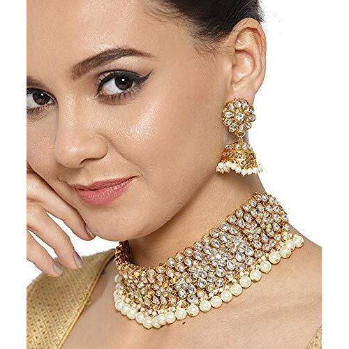 YouBella Jewellery Sets for Women Gold Plated Kundan Wedding Bridal Necklace Jewellery set with Earrings For Girls/Women (White)