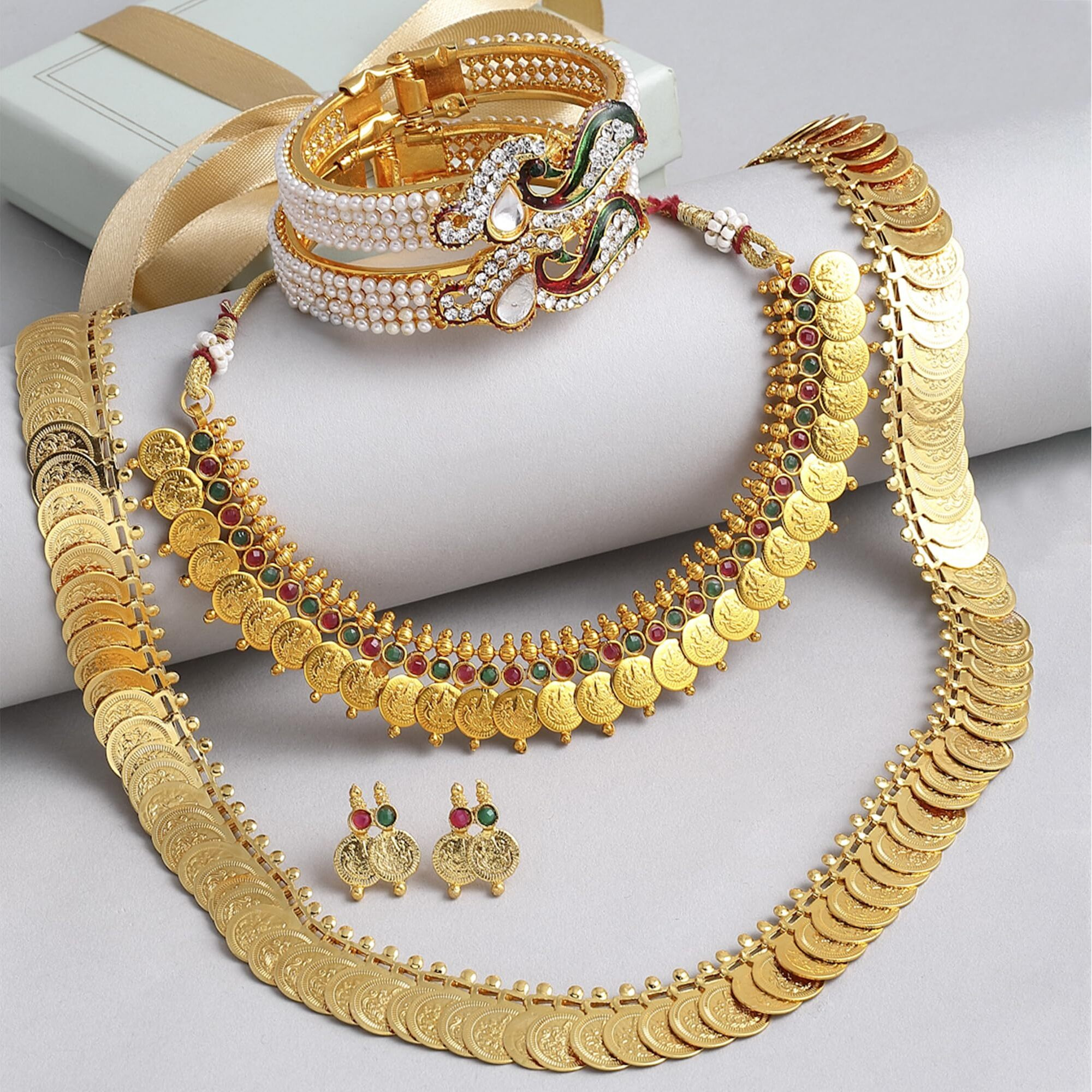 ZENEME Jewellery Gold Plated Bangle Set, Maharani Temple Coin Necklace Set, Short Red Green Necklace and Earrings for Women & Girls (peacock-4)