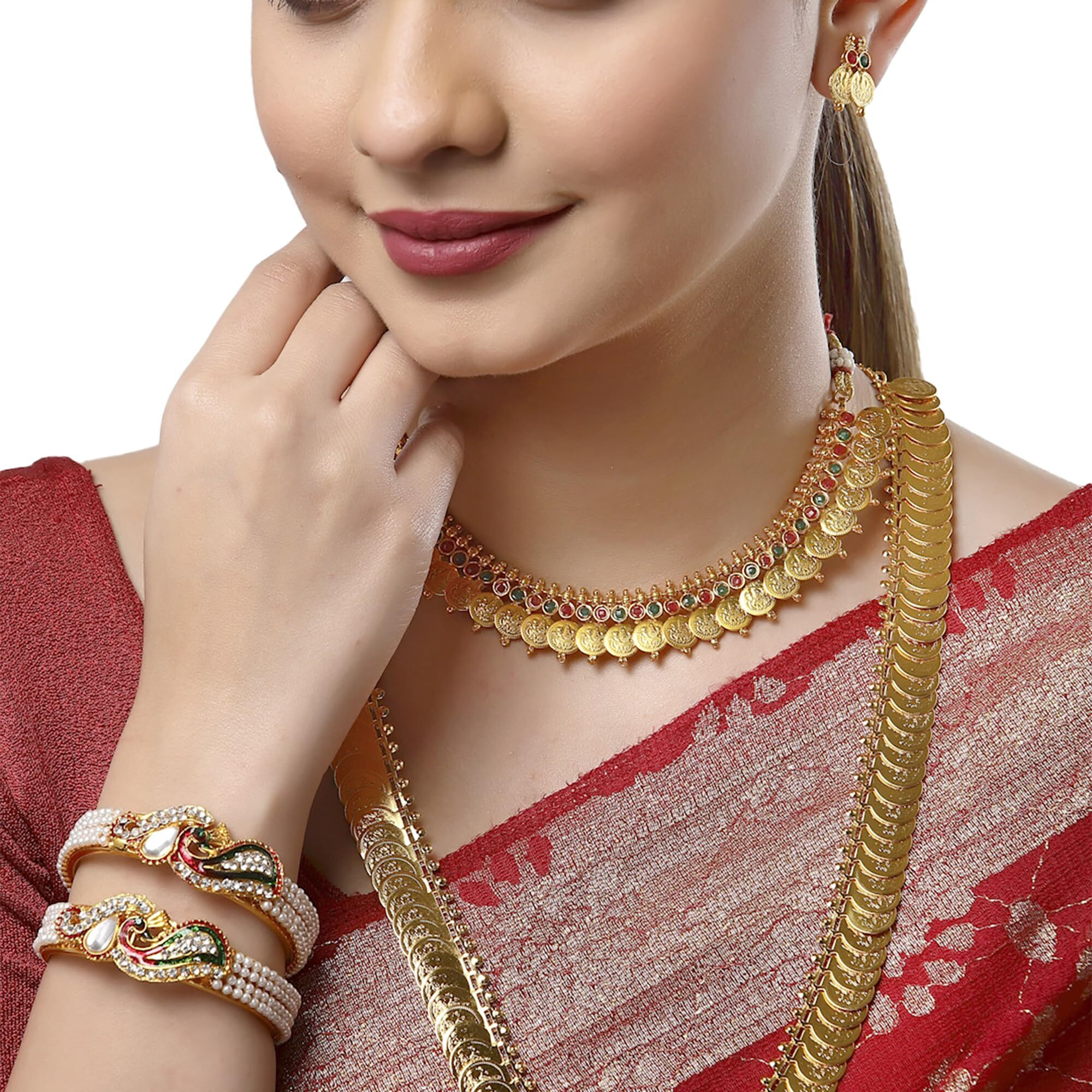ZENEME Jewellery Gold Plated Bangle Set, Maharani Temple Coin Necklace Set, Short Red Green Necklace and Earrings for Women & Girls (peacock-4)