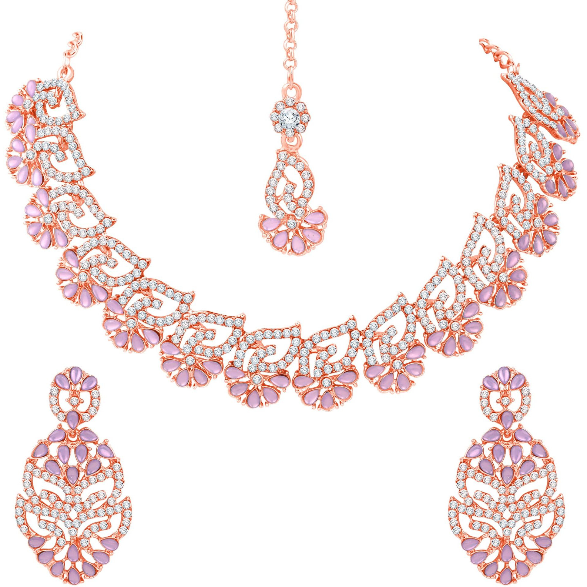 Atasi International Gold Plated Purple Kundan and American Diamond Necklace Jewellery Set with Earrings & Maang Tikka for Women (PU5746)
