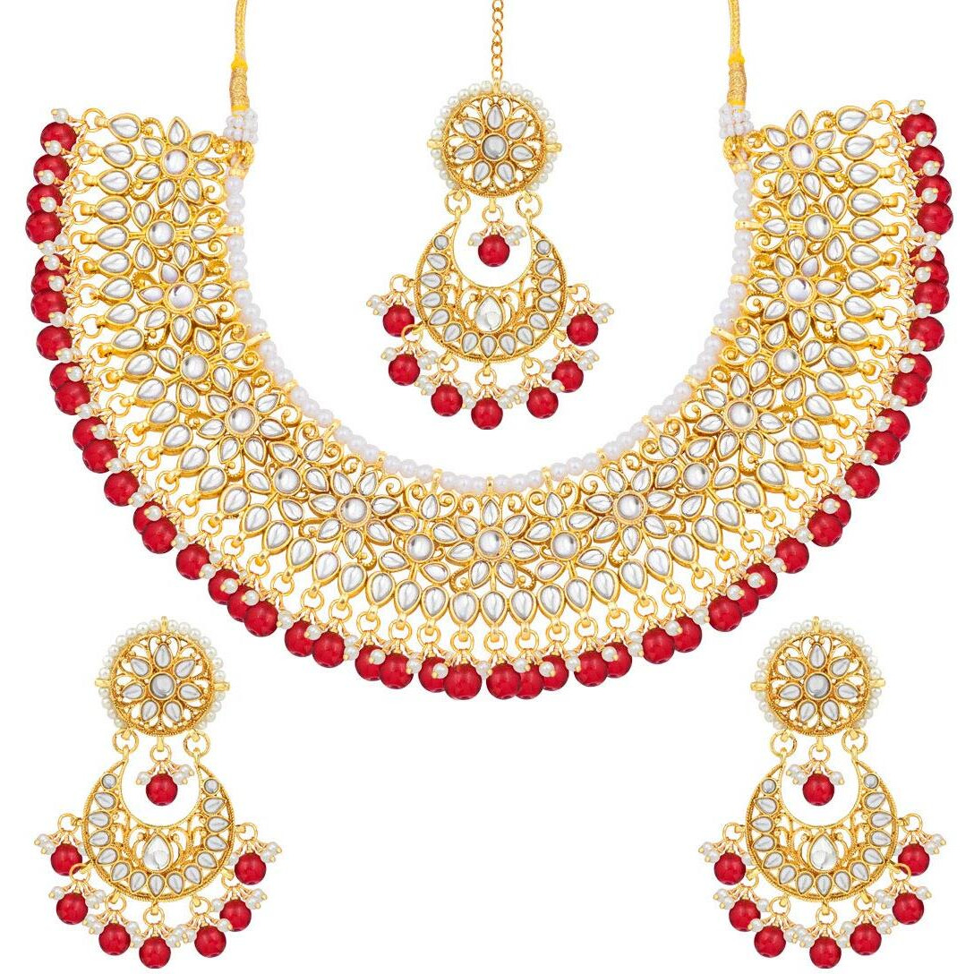 Peora Gold Plated Kundan Choker Necklace Earrings with Maang Tikka Jewellery Set for Women