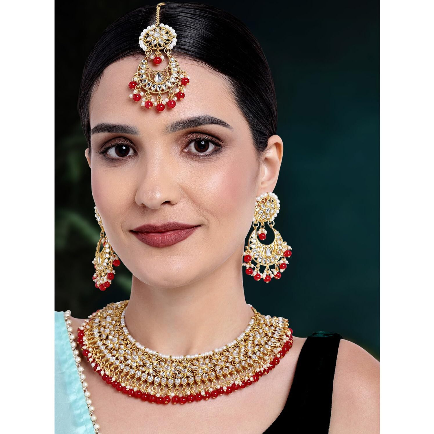 Peora Gold Plated Kundan Choker Necklace Earrings with Maang Tikka Jewellery Set for Women