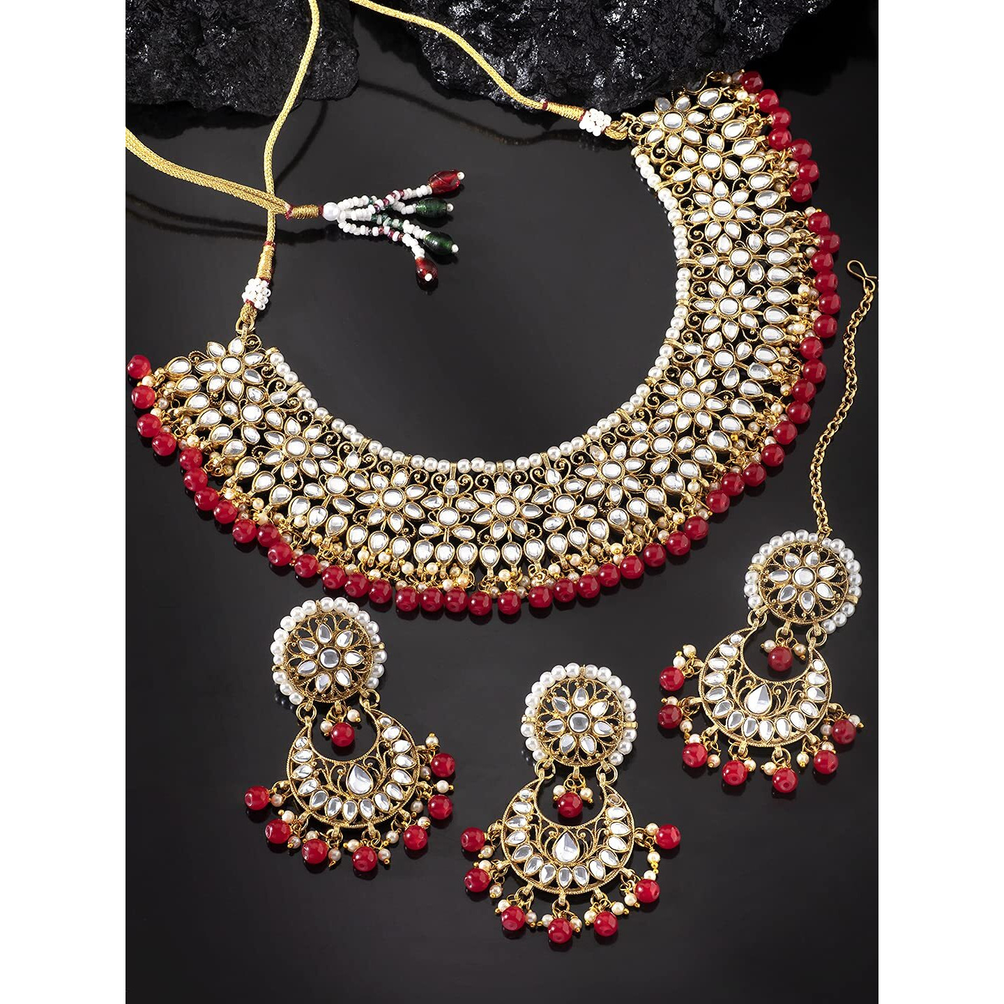 Peora Gold Plated Kundan Choker Necklace Earrings with Maang Tikka Jewellery Set for Women