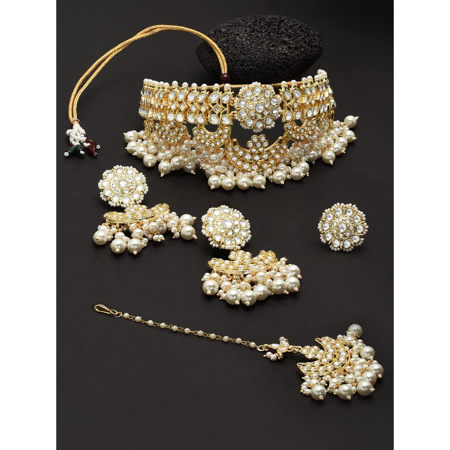 ZAVERI PEARLS Gold Tone Bridal Kundan Choker Necklace Earring Maangtikka & Ring Set For Women-ZPFK11419