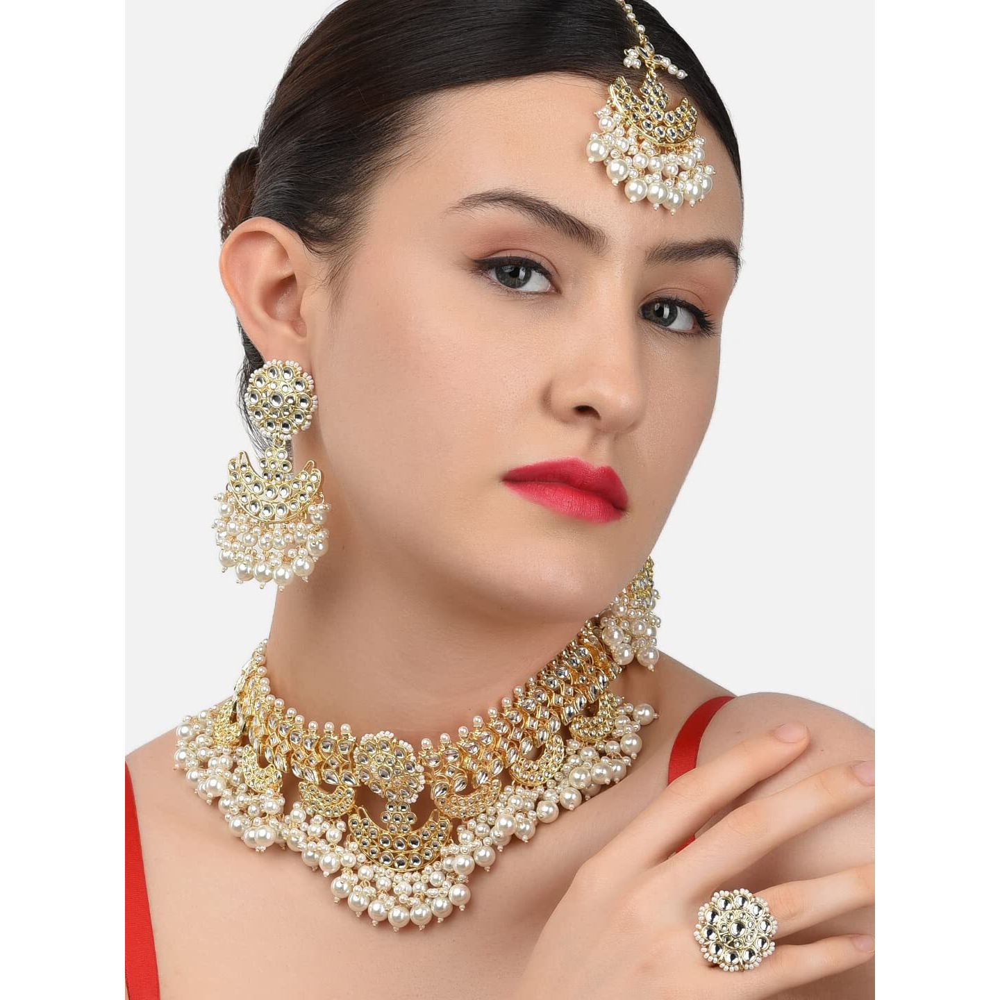 ZAVERI PEARLS Gold Tone Bridal Kundan Choker Necklace Earring Maangtikka & Ring Set For Women-ZPFK11419