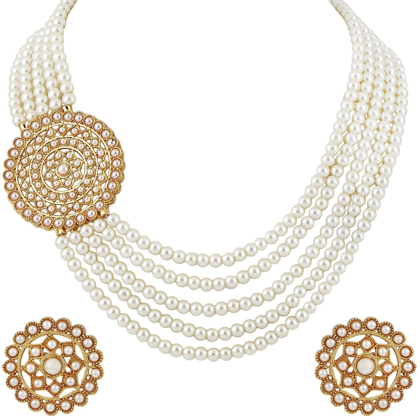 Shining Diva Fashion Latest Stylish Fancy Long Traditional Pearl Necklace Jewellery Set for Women (12459s), White, One