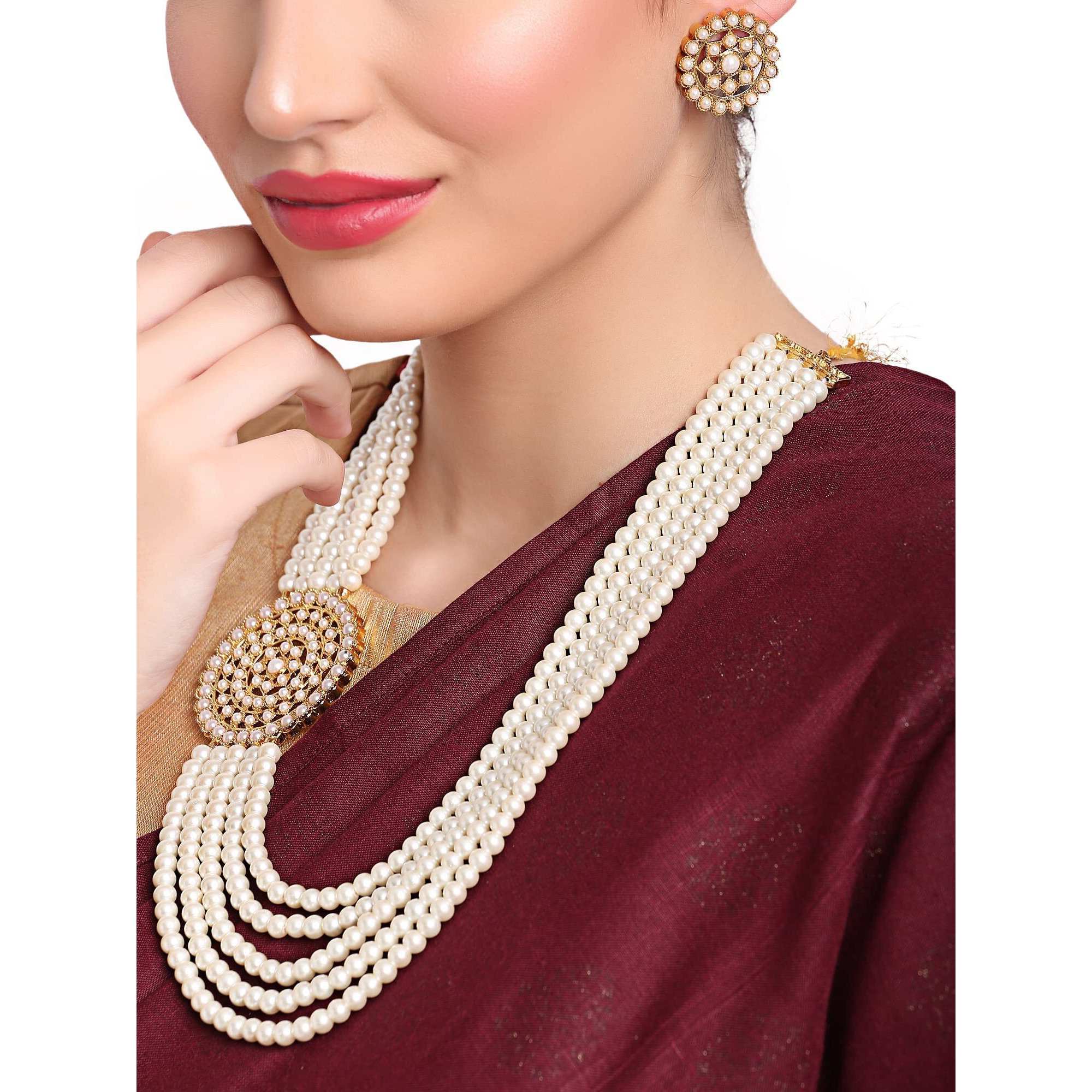 Shining Diva Fashion Latest Stylish Fancy Long Traditional Pearl Necklace Jewellery Set for Women (12459s), White, One