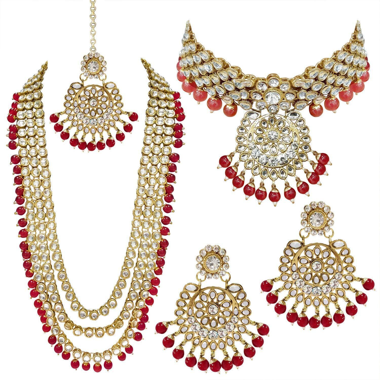 I Jewels Traditional 18K Gold Plated Kundan & Pearl Studded Bridal Choker Necklace Jewellery Set With Earrings & Maang Tikka for Women (IJ325R)