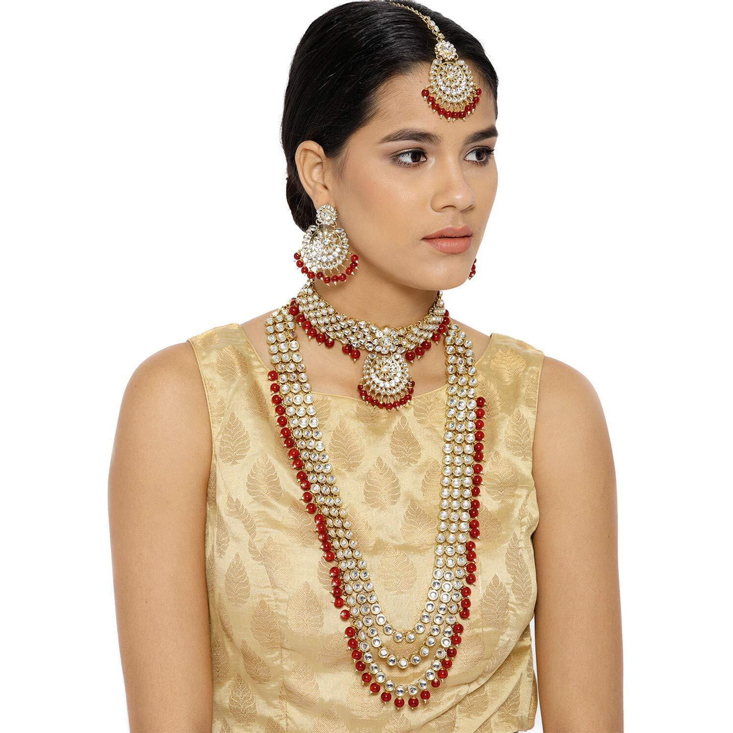 I Jewels Traditional 18K Gold Plated Kundan & Pearl Studded Bridal Choker Necklace Jewellery Set With Earrings & Maang Tikka for Women (IJ325R)