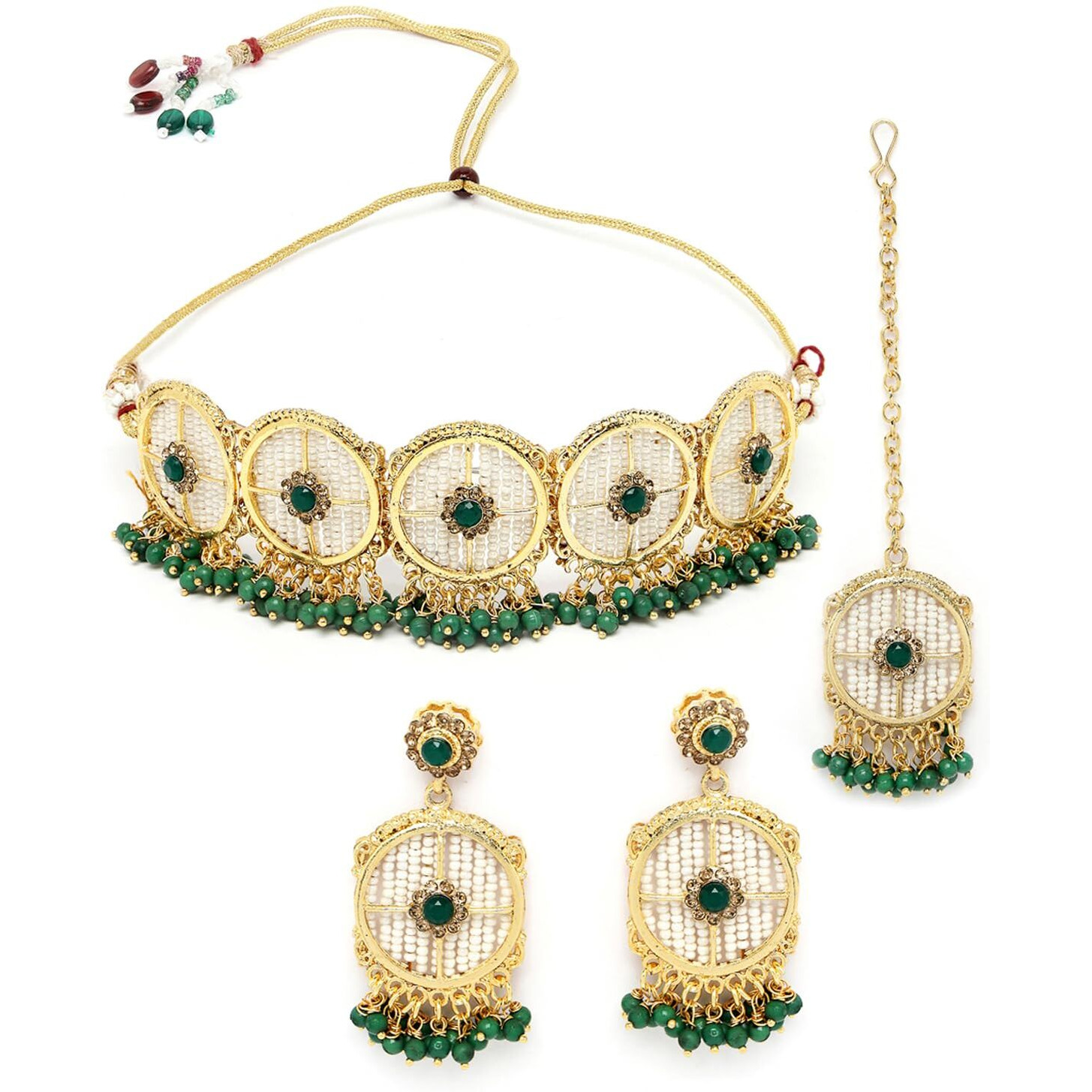 Sukkhi Charming Circular Gold Toned Plated Green Beads Choker Necklace Set With Earring And Maangtika | Jewellery Set For Women (NS105508)