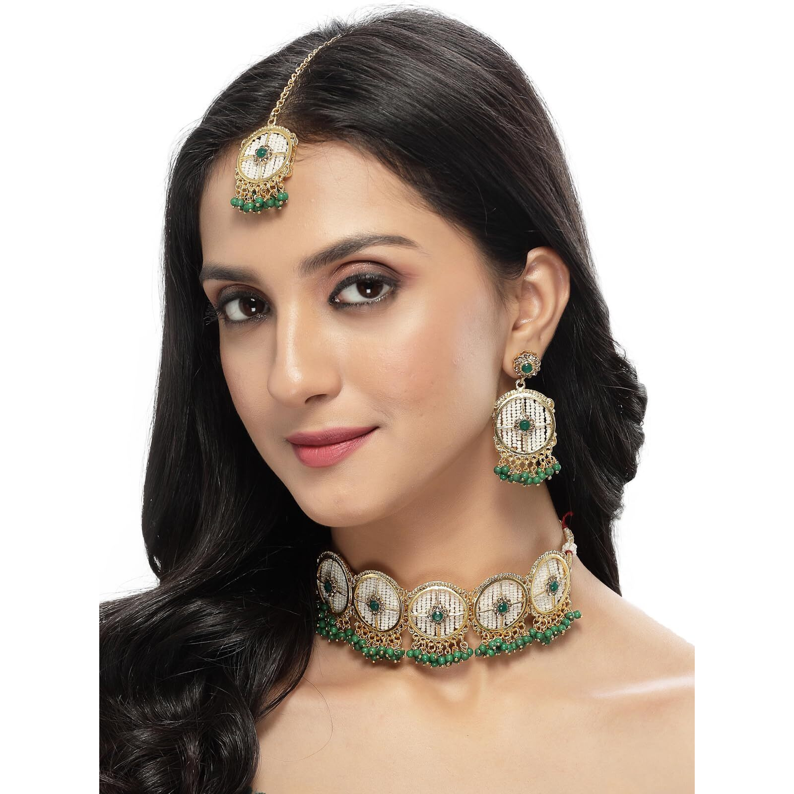 Sukkhi Charming Circular Gold Toned Plated Green Beads Choker Necklace Set With Earring And Maangtika | Jewellery Set For Women (NS105508)