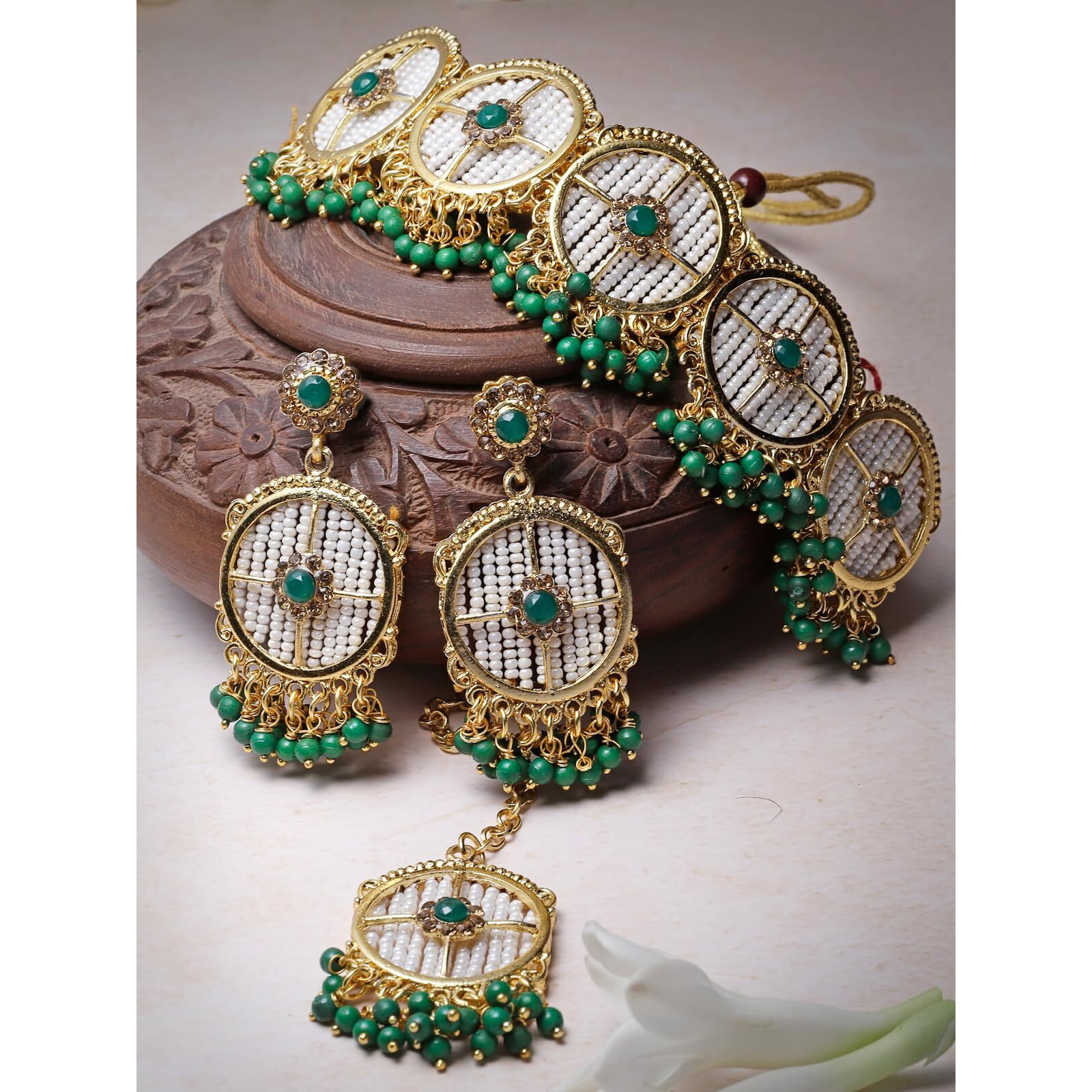 Sukkhi Charming Circular Gold Toned Plated Green Beads Choker Necklace Set With Earring And Maangtika | Jewellery Set For Women (NS105508)