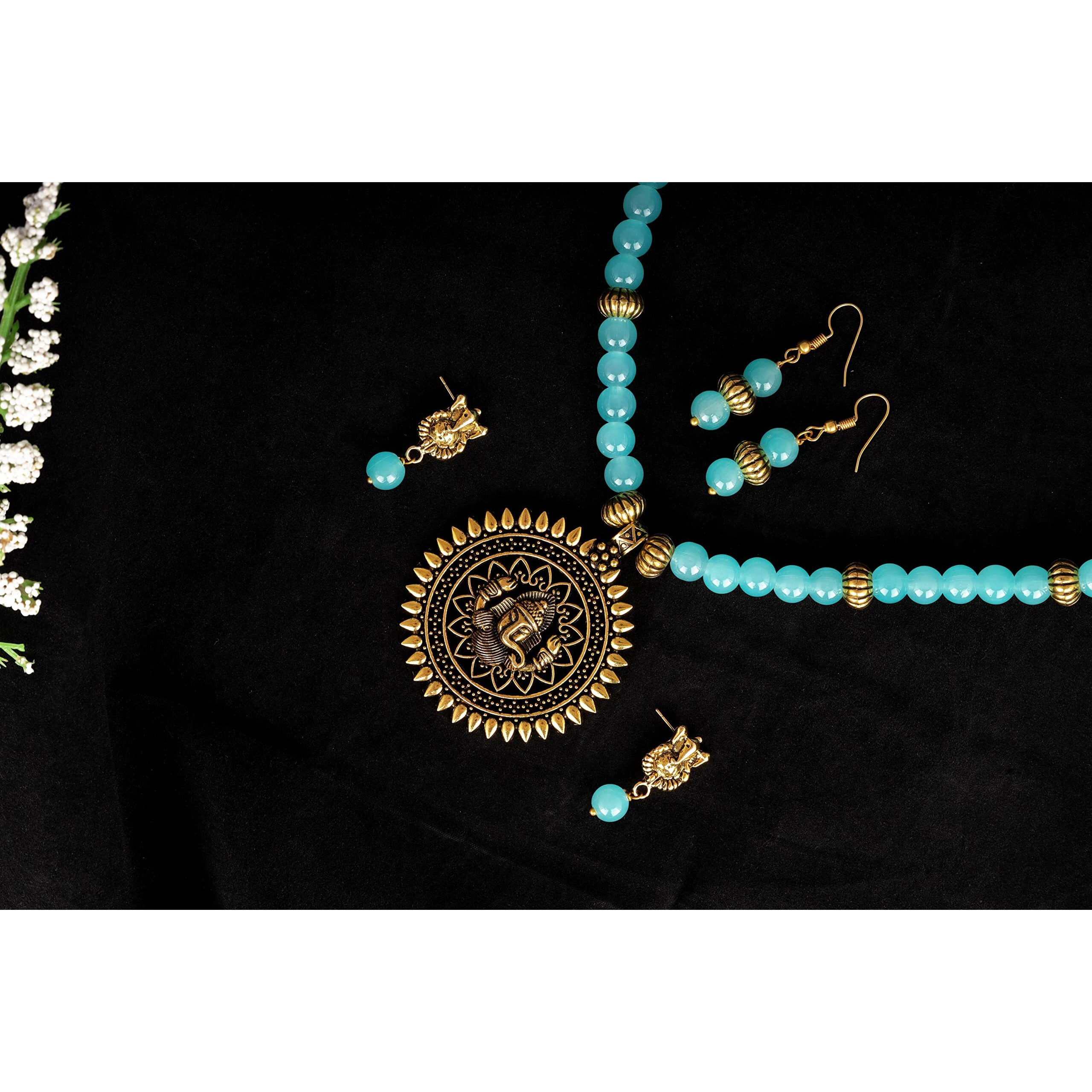 JFL - Jewellery for Less Fashionable Gold Plated Oxidized German Ganesha Beaded Necklace with 2 pair of Earrings Set for Women and Girls(Turquoise blue),Valentine