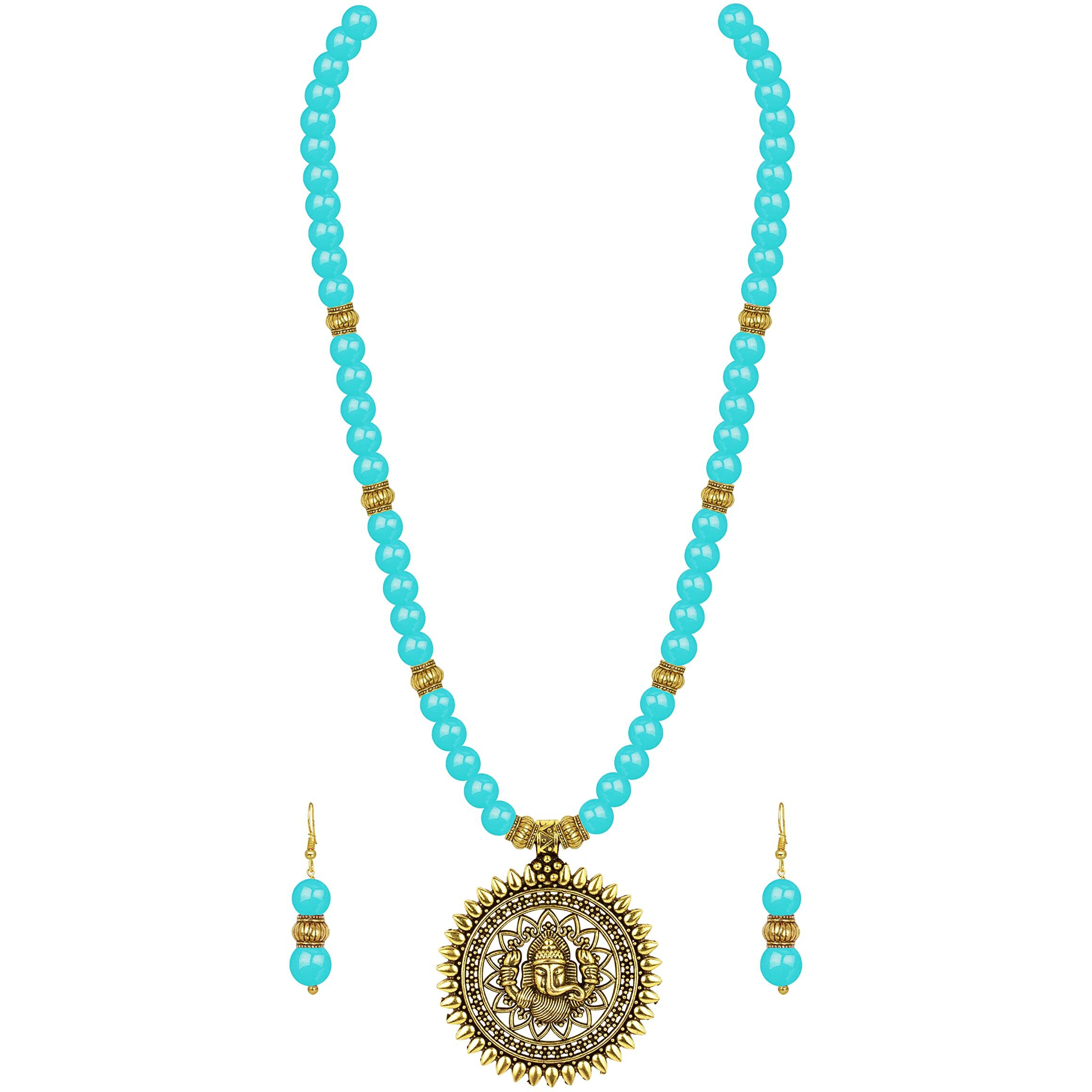 JFL - Jewellery for Less Fashionable Gold Plated Oxidized German Ganesha Beaded Necklace with 2 pair of Earrings Set for Women and Girls(Turquoise blue),Valentine