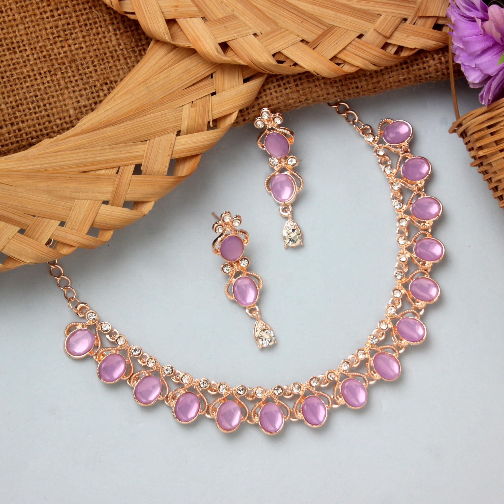 Atasi International Purple Color Crystals Gold Plated Necklace Jewellery Set with Earrings for Women Ideal for Party, Wedding, Festivals (PU5706)