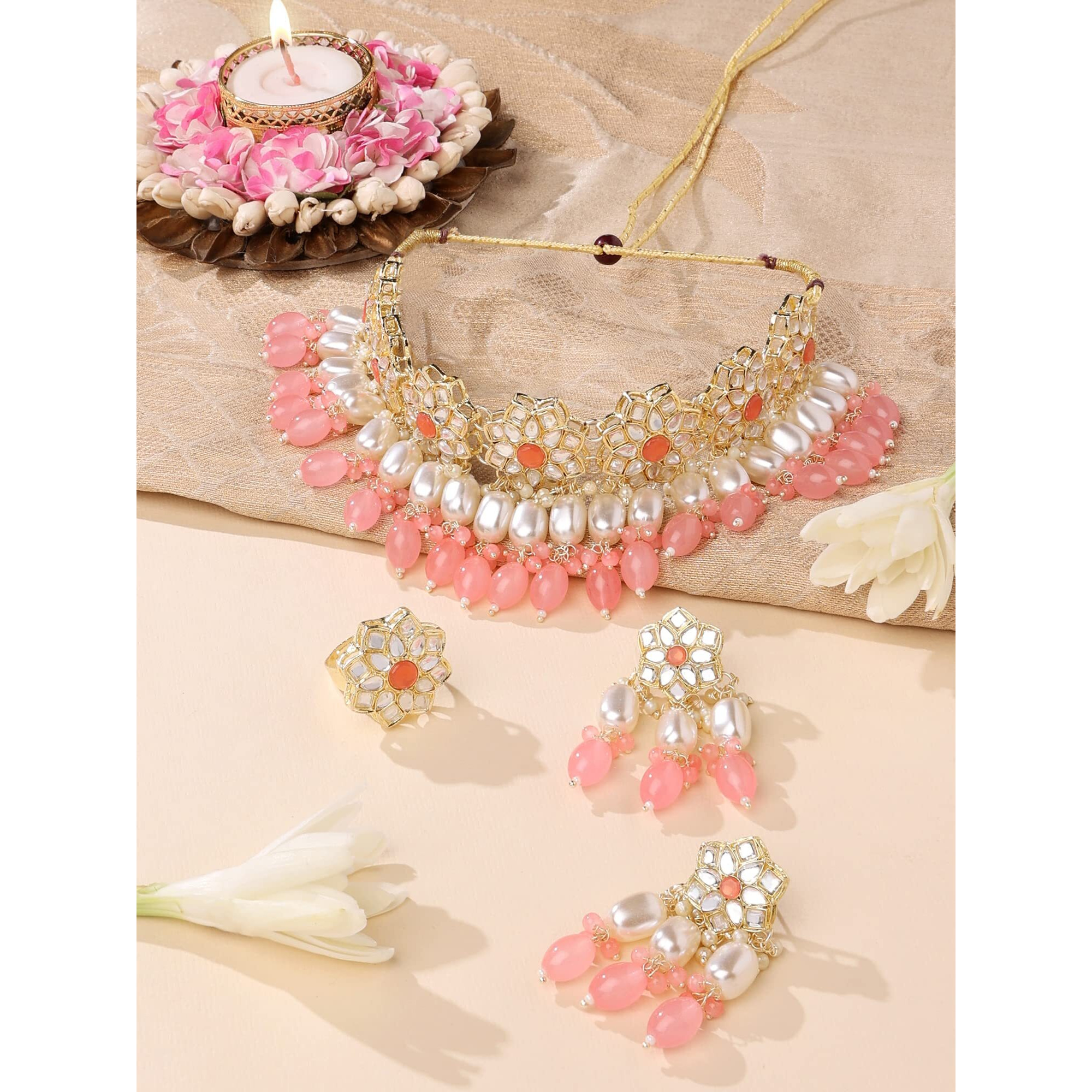 ZAVERI PEARLS Pink Stones & Layer Cluster Beads Kundan Flowers Choker Necklace Earring & Ring Set For Women-ZPFK14833