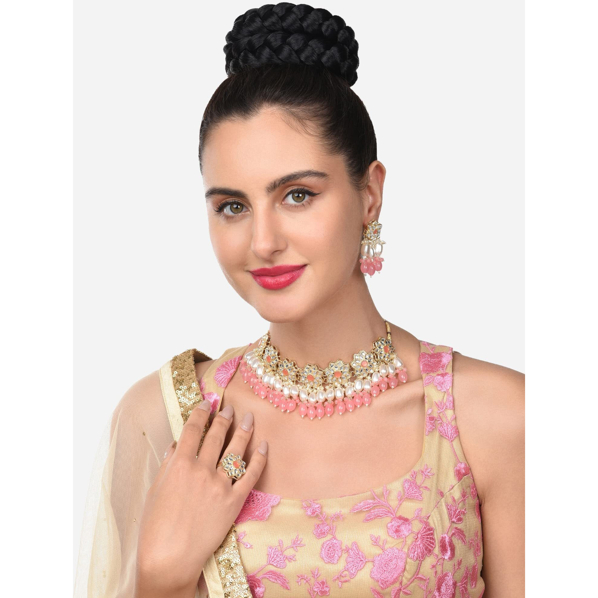 ZAVERI PEARLS Pink Stones & Layer Cluster Beads Kundan Flowers Choker Necklace Earring & Ring Set For Women-ZPFK14833