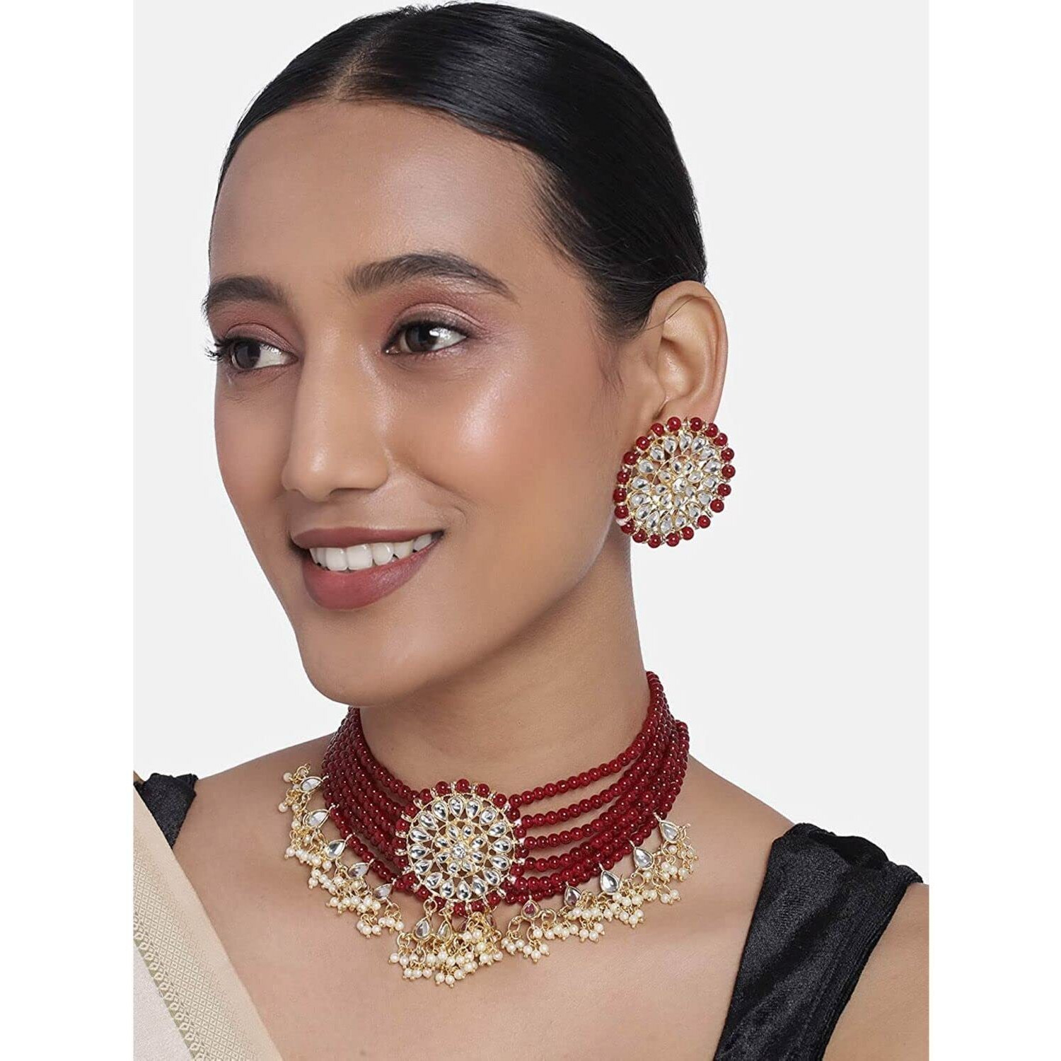 I Jewels 18k Gold Plated Traditional Choker Set Glided With Kundan & Pearls For Women/Girls (K7097M)