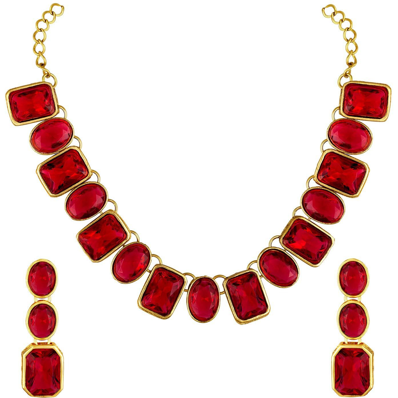 Peora Gold Plated Wedding Square Maroon Crystal Necklace with Drop Earrings Indian Traditional Ethnic Jewellery Set for Women Girls