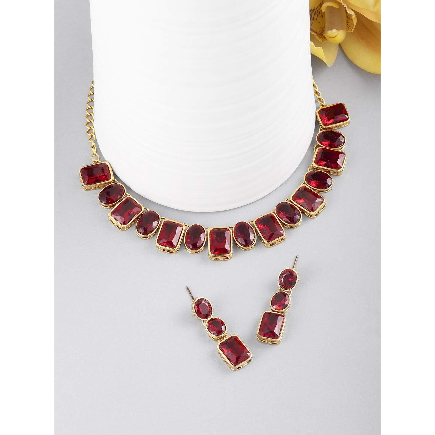 Peora Gold Plated Wedding Square Maroon Crystal Necklace with Drop Earrings Indian Traditional Ethnic Jewellery Set for Women Girls
