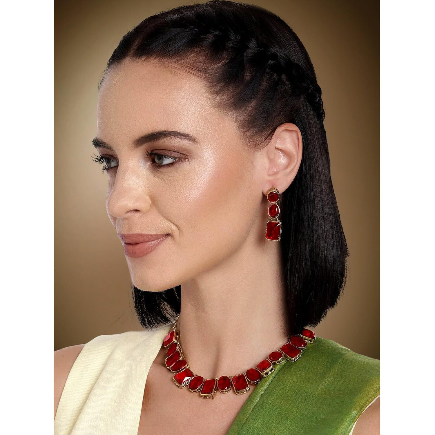 Peora Gold Plated Wedding Square Maroon Crystal Necklace with Drop Earrings Indian Traditional Ethnic Jewellery Set for Women Girls