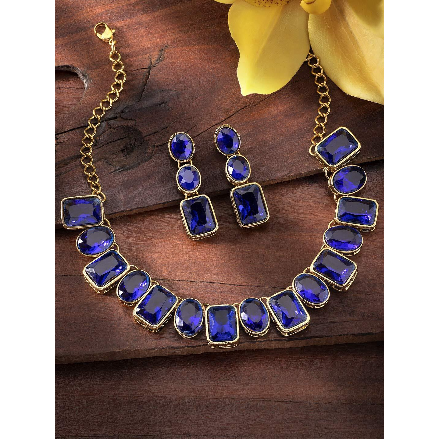 Peora Wedding Square Crystal Necklace with Drop Earrings Indian Traditional Ethnic Jewellery Set for Women Girls (Blue)
