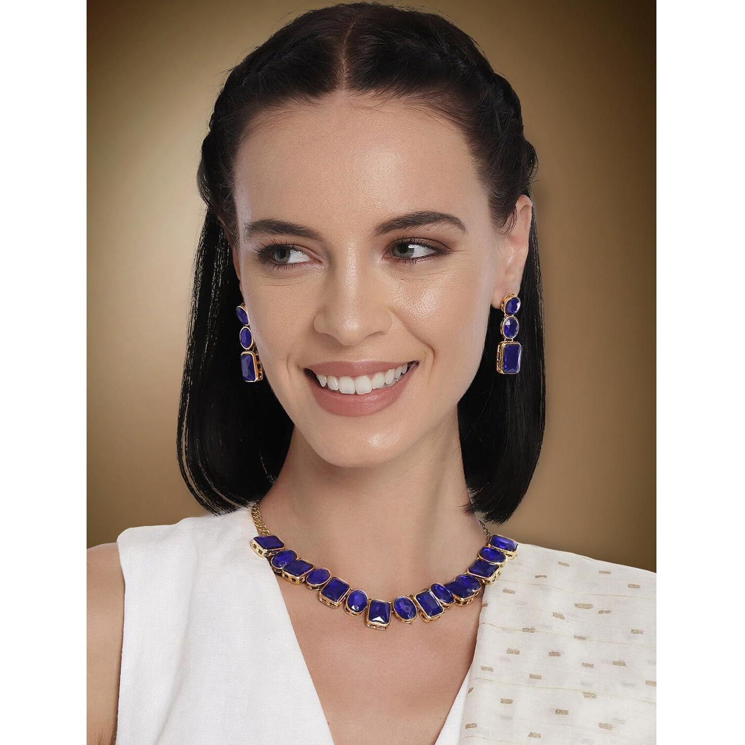 Peora Wedding Square Crystal Necklace with Drop Earrings Indian Traditional Ethnic Jewellery Set for Women Girls (Blue)