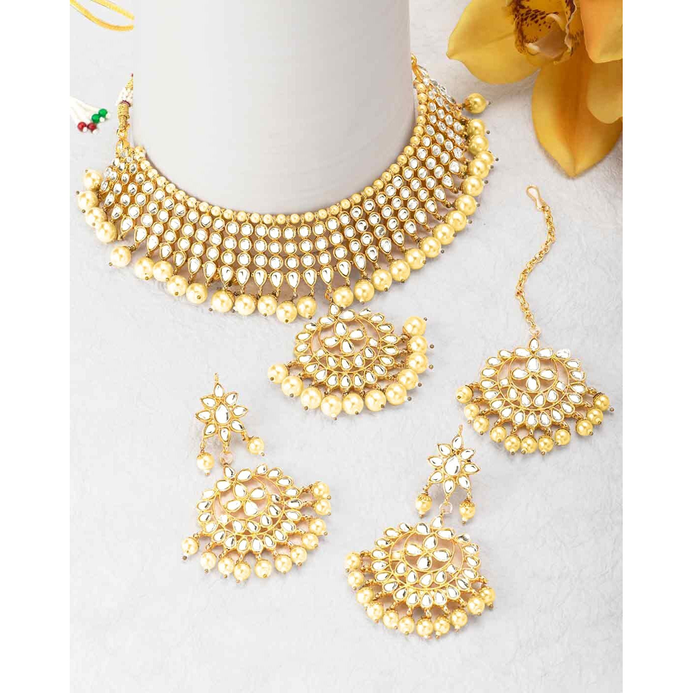 Peora Gold-plated Brass and Kundan, Pearl Necklace Earring Set With Maang Tikka for Women & Girls (Cream_170.97 gm)