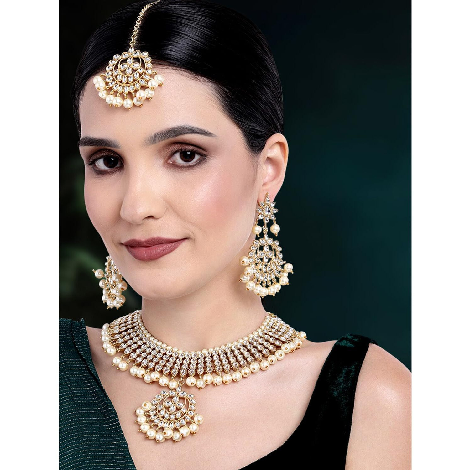 Peora Gold-plated Brass and Kundan, Pearl Necklace Earring Set With Maang Tikka for Women & Girls (Cream_170.97 gm)