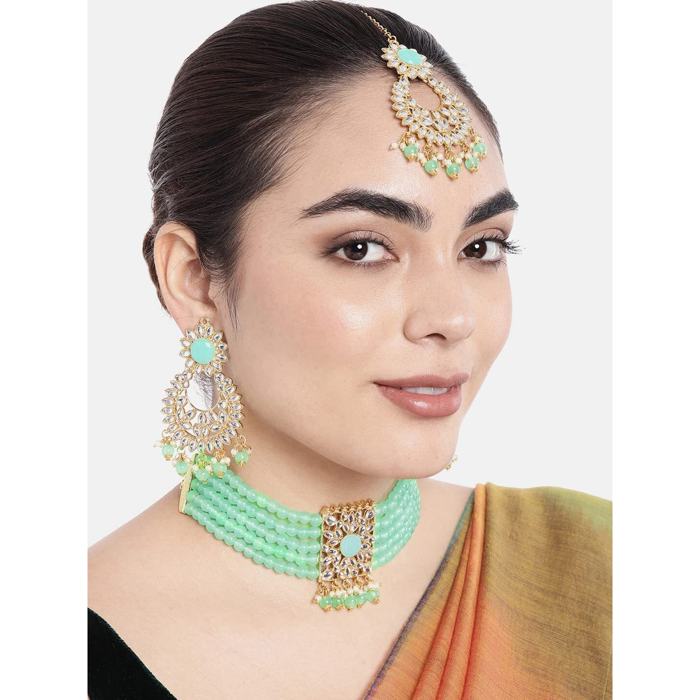 Peora Gold Plated Jodha Akbar Kundan Mint Green Faux Pearl Choker Necklace with Earring Maang Tikka Traditional Bridal Jewellery Set for Women & Girls