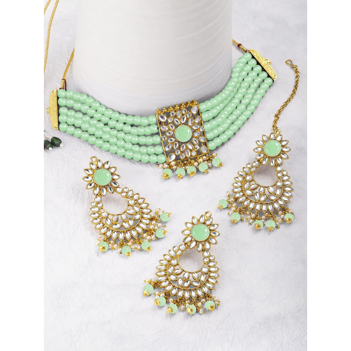 Peora Gold Plated Jodha Akbar Kundan Mint Green Faux Pearl Choker Necklace with Earring Maang Tikka Traditional Bridal Jewellery Set for Women & Girls