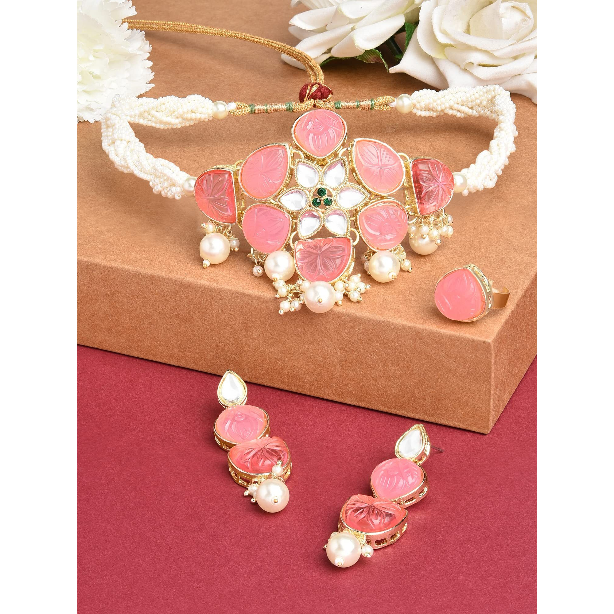 ZAVERI PEARLS Pink Flower Stones Ethnic Pearl Choker Necklace Earring & Ring Set For Women-ZPFK14630